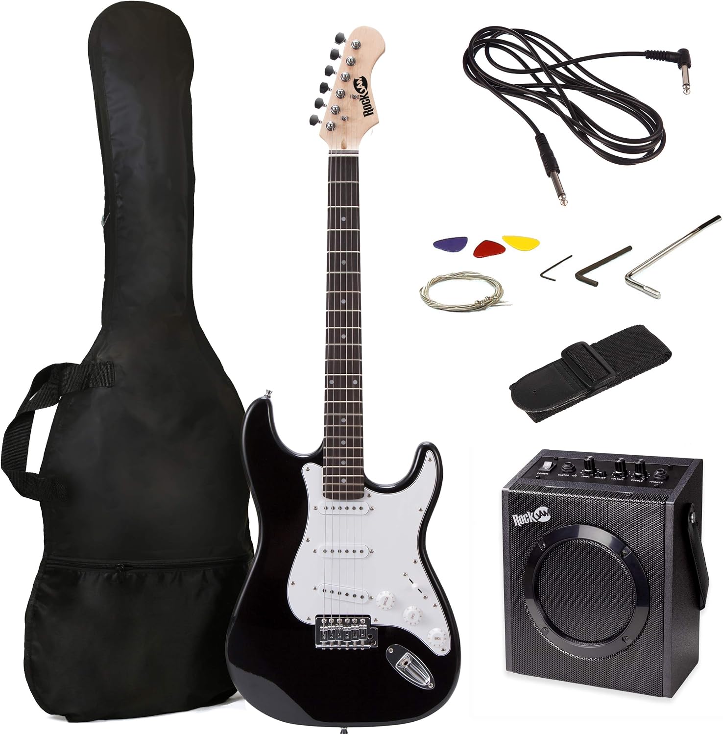 RockJam full size electric guitar in black with its 10-watt practice amplifier, gig bag, strap, cable and picks